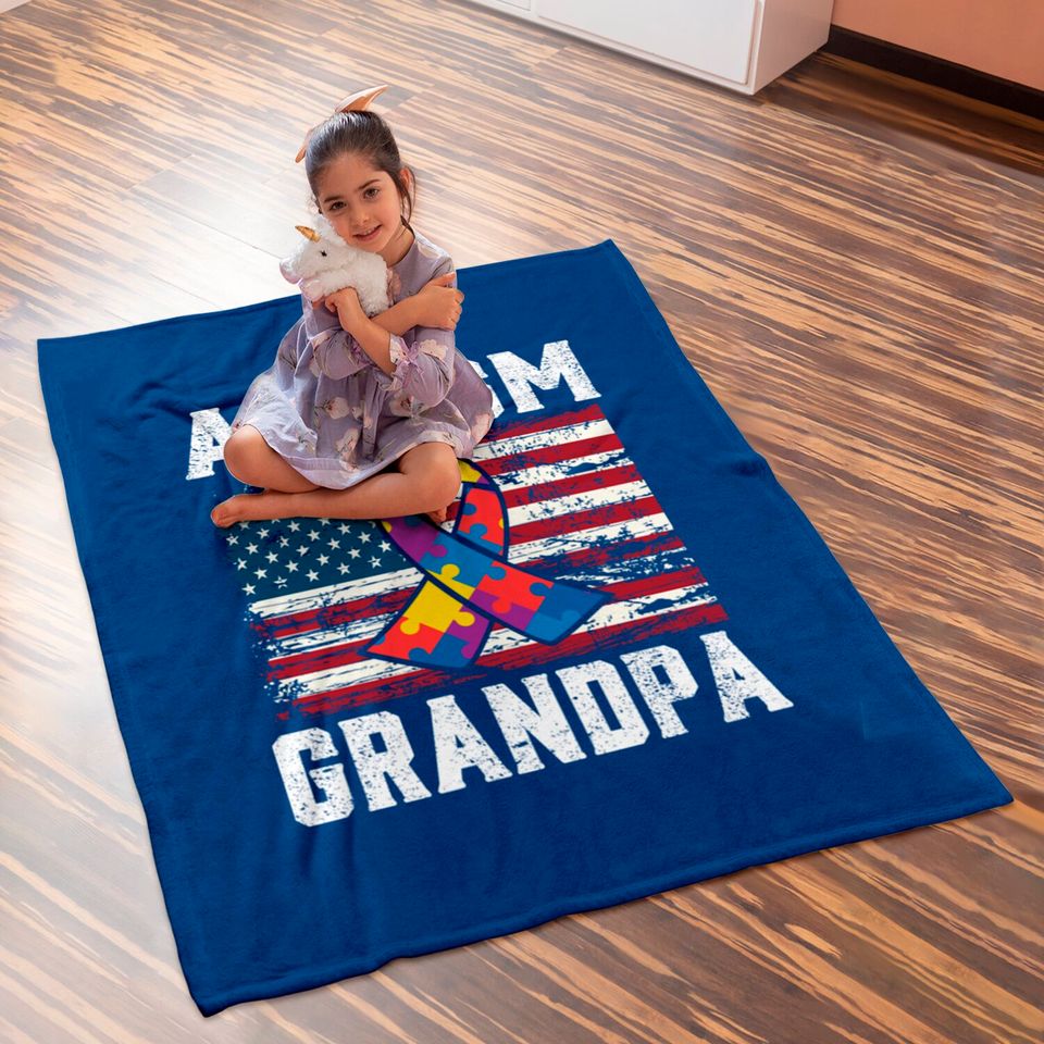 Autism Grandpa American Flag - Autism Awareness - Baby Blankets