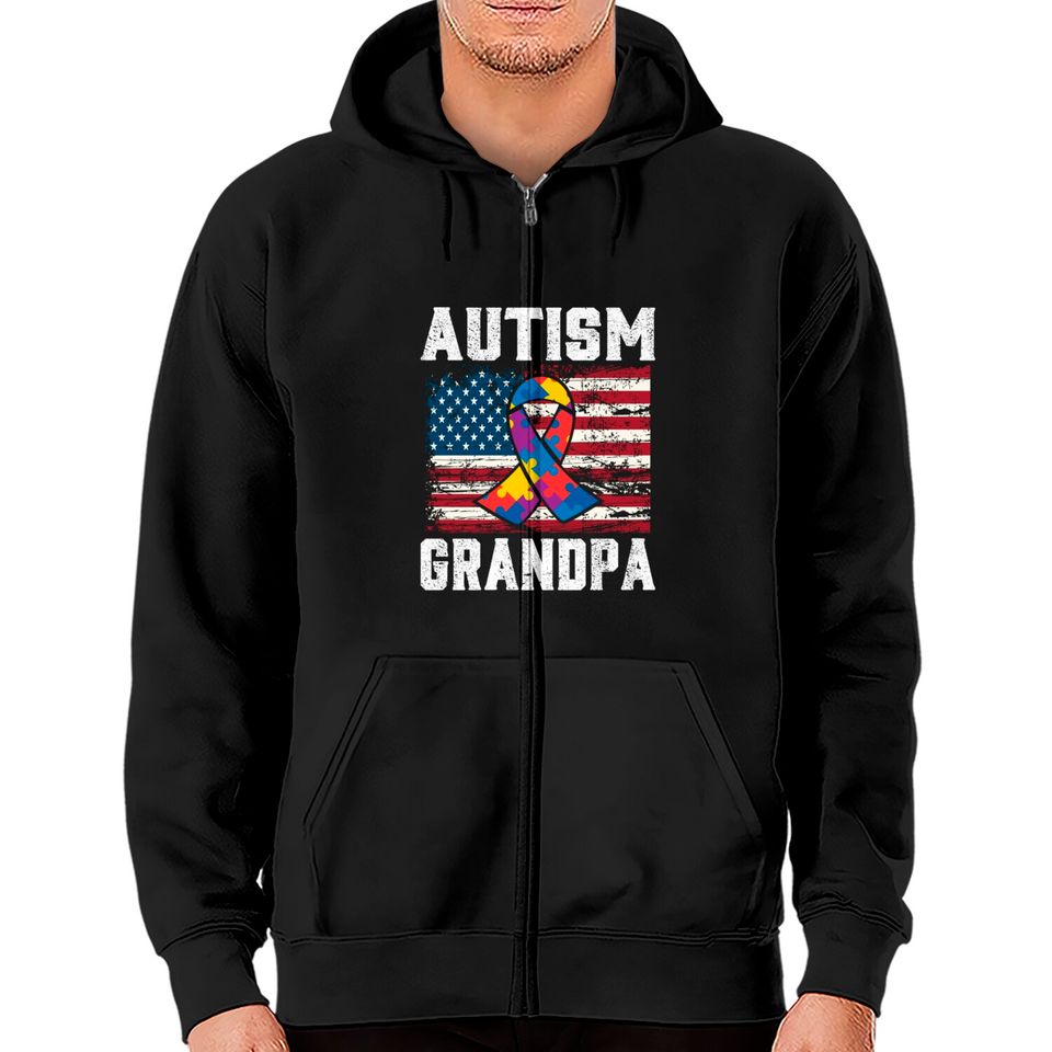 Autism Grandpa American Flag - Autism Awareness - Zip Hoodies