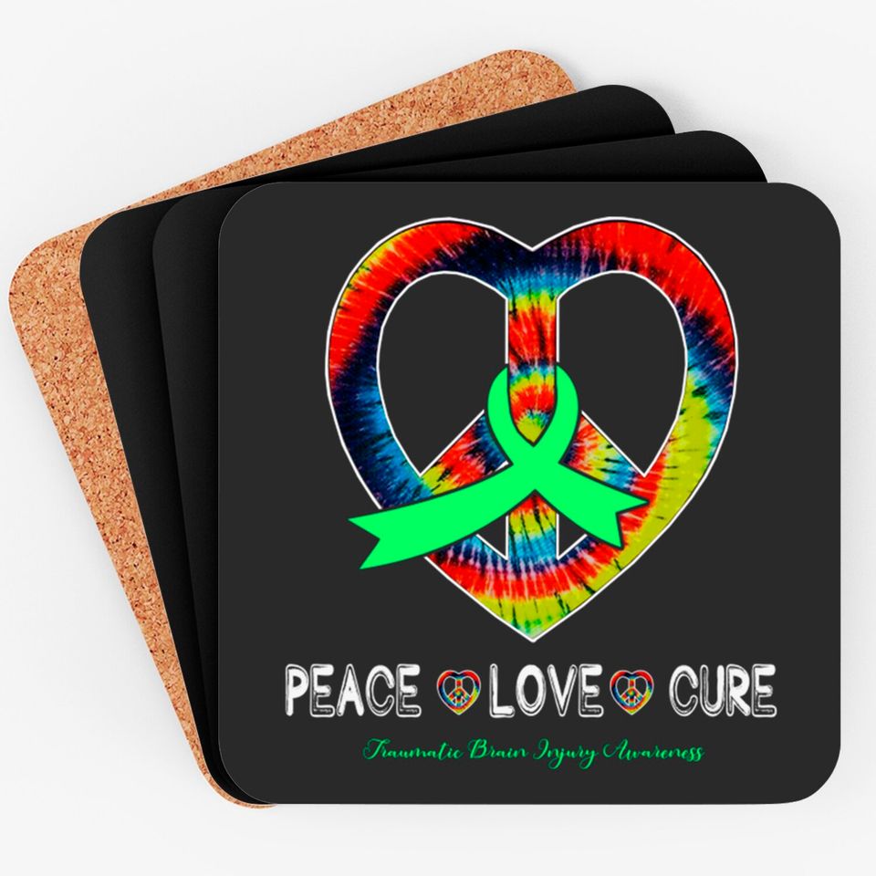 Peace Love Cure Traumatic Brain Injury Awareness Ribbon Gift - Support Traumatic Brain Injury Survivor - Coasters