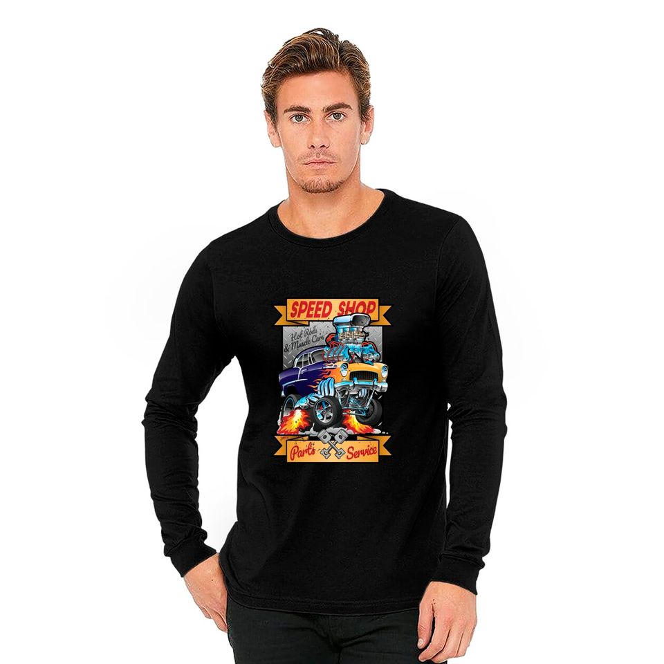 Speed Shop Hot Rod Muscle Car Parts and Service Vintage Cartoon Illustration - Hot Rod - Long Sleeves