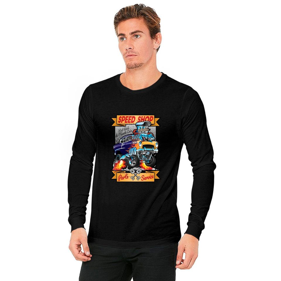 Speed Shop Hot Rod Muscle Car Parts and Service Vintage Cartoon Illustration - Hot Rod - Long Sleeves