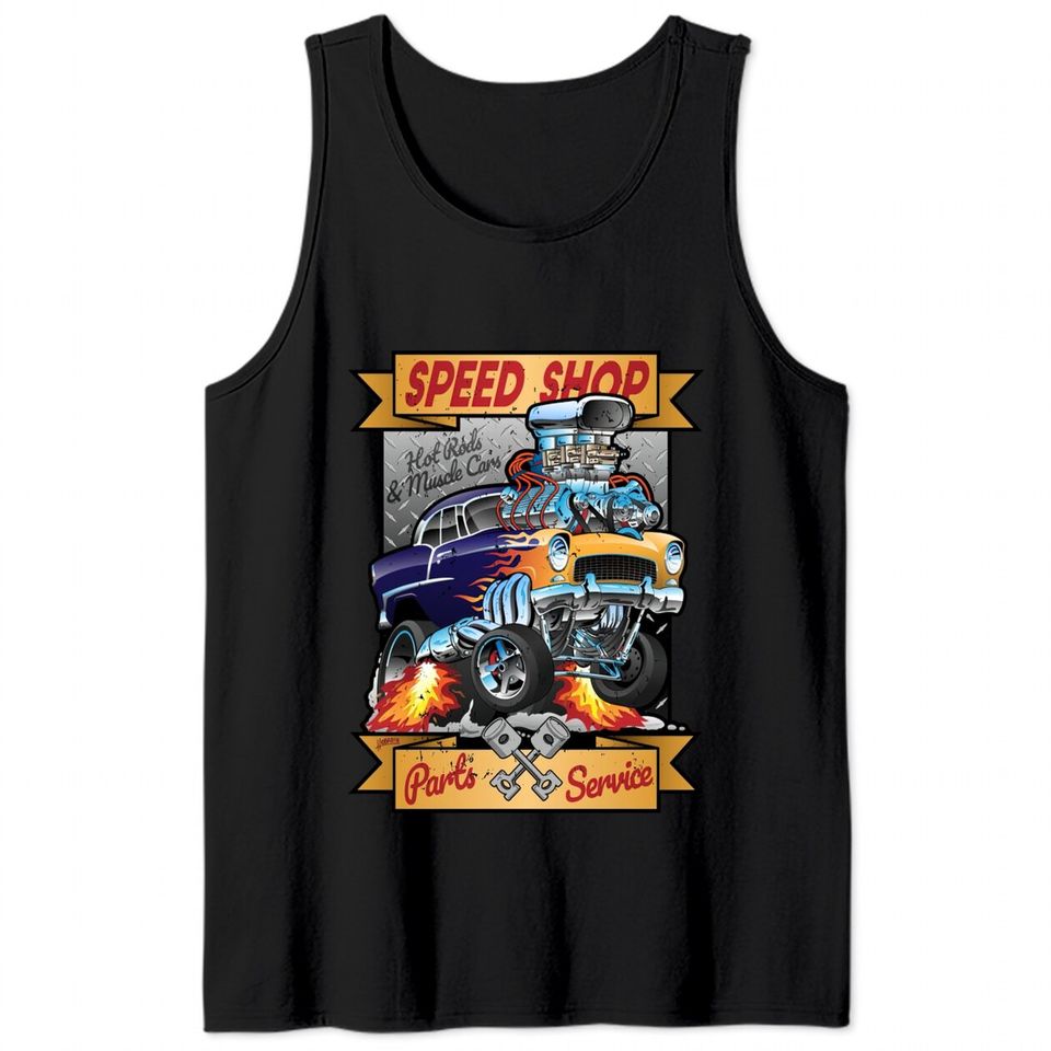 Speed Shop Hot Rod Muscle Car Parts and Service Vintage Cartoon Illustration - Hot Rod - Tank Tops