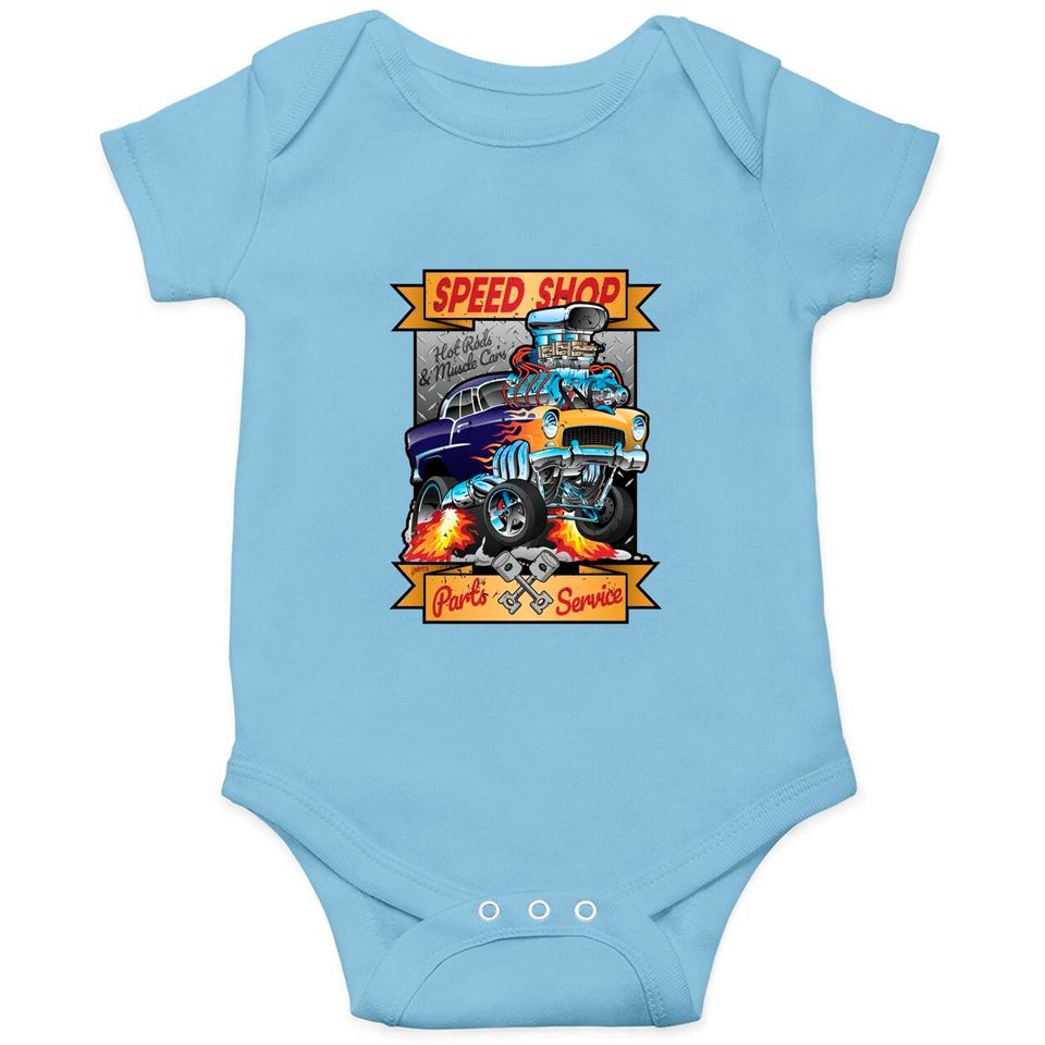 Speed Shop Hot Rod Muscle Car Parts and Service Vintage Cartoon Illustration - Hot Rod - Onesies