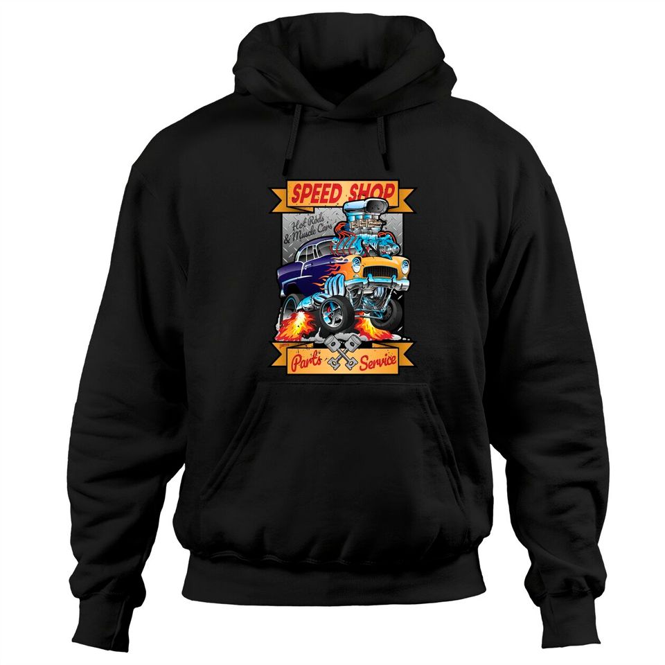 Speed Shop Hot Rod Muscle Car Parts and Service Vintage Cartoon Illustration - Hot Rod - Hoodies