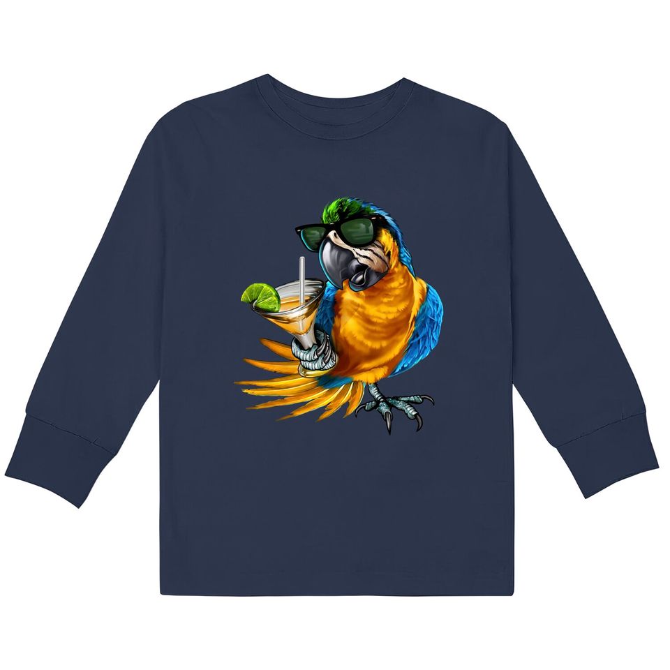 Macaw Parrot Drinking Margarita Tropical Beach Vacation Bird  Kids Long Sleeve T-Shirts