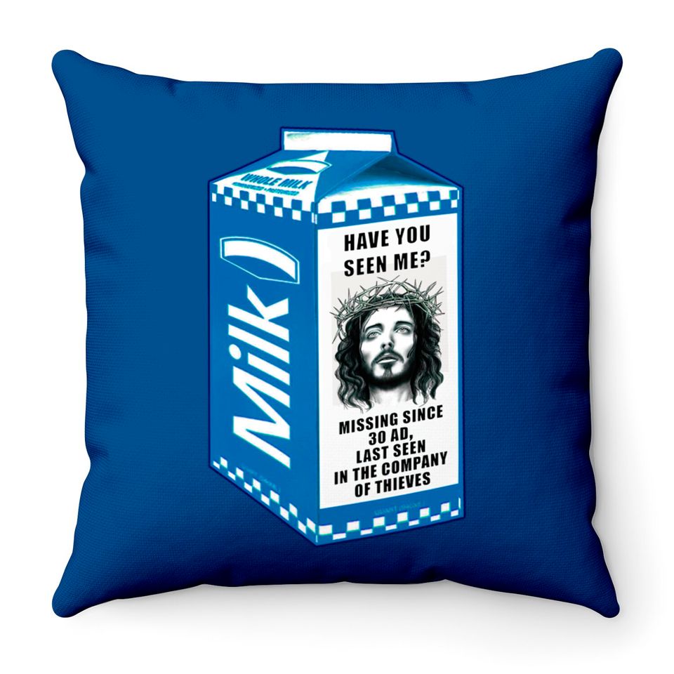 Milk Carton Jesus Throw Pillows