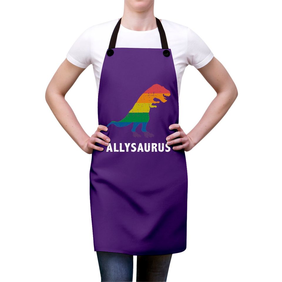 Allysaurus dinosaur in rainbow flag for ally LGBT pride - Gay Ally - Aprons