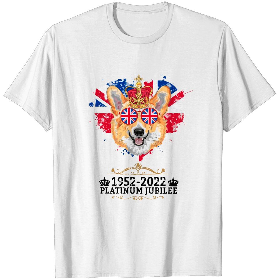 Queen's Platinum Jubilee Corgi Dog Union Jack Sunglasses Crown Elizabeth II T-shirt