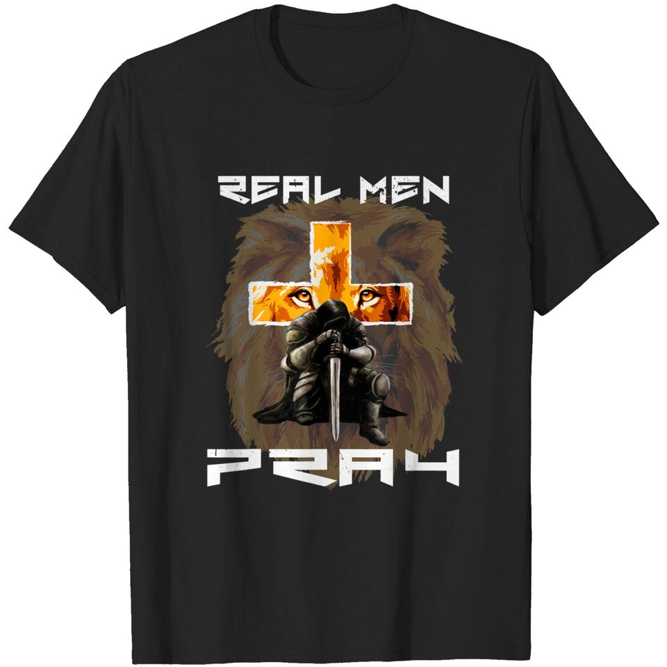 Mens Real Pray Lion Judah Christian Religious Cross Graphic T-Shirt