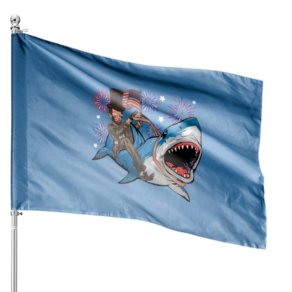 Funny Lincoln Riding Shark - Shark 4th of July House Flags