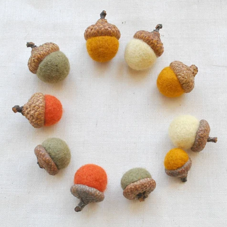 Set of 10 acorns real caps rustic natural fall decor colors felt hanging acorn ornament