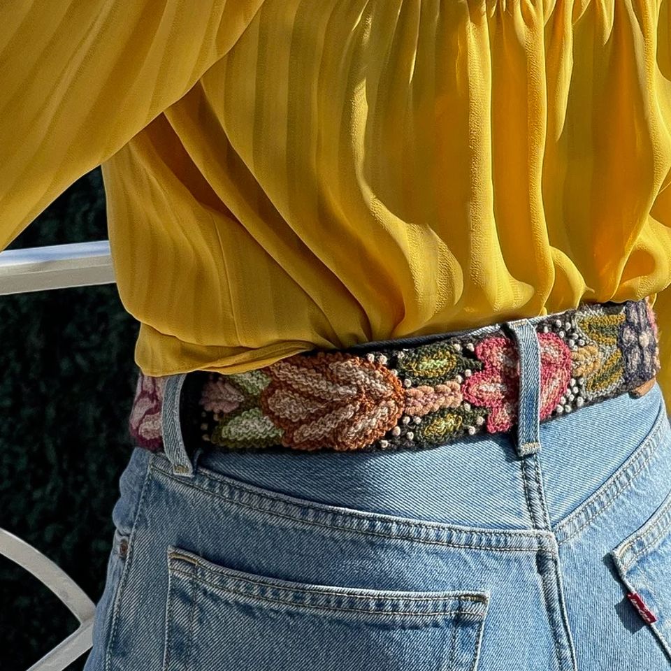 Boho Embroidery Belt, Peruvian Cotton Hand Floral Embroidery Belt