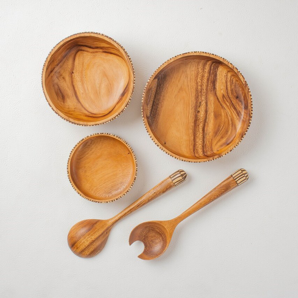 Set of Wooden Bowls and Salad Servers with Coconut Shell Inlay, Handmade Tableware