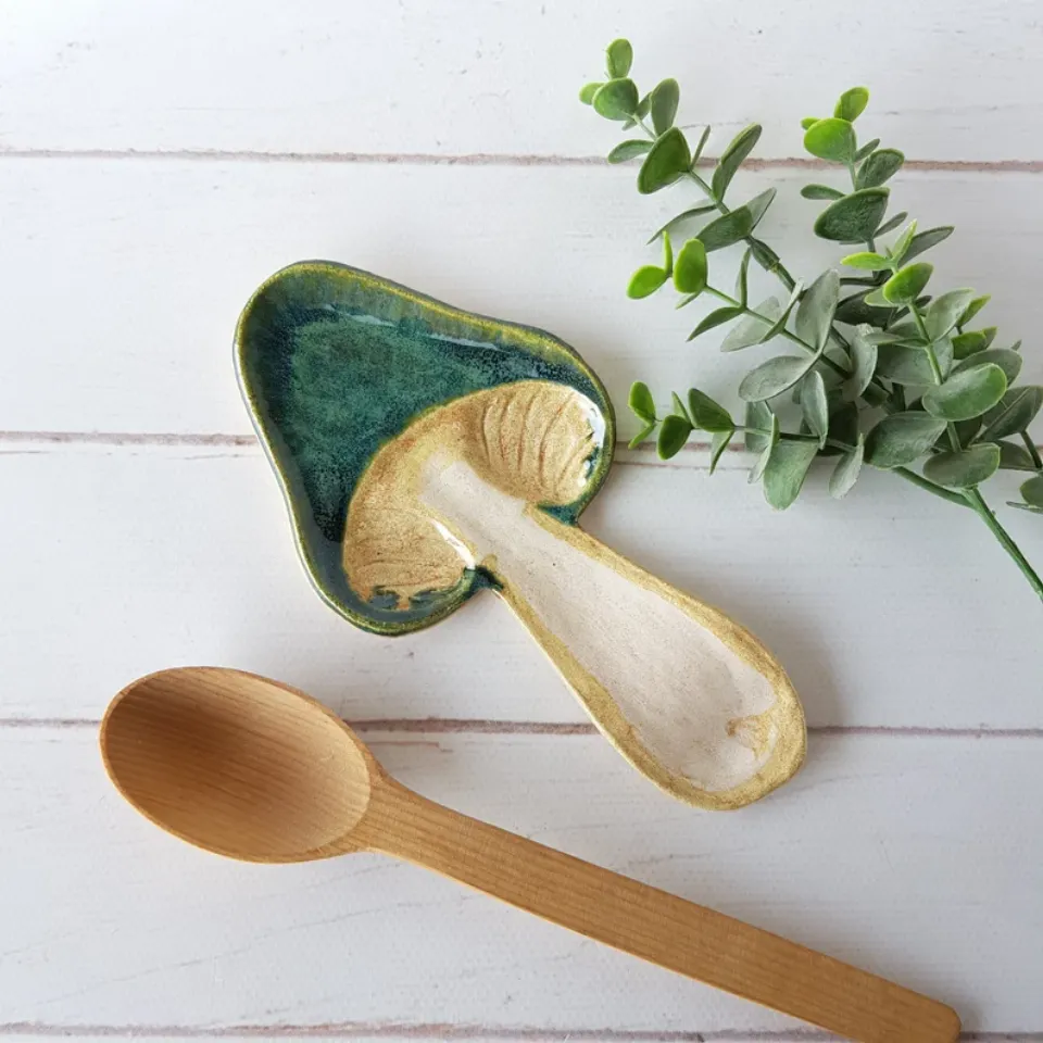 Handmade Ceramic green mushroom spoon rest