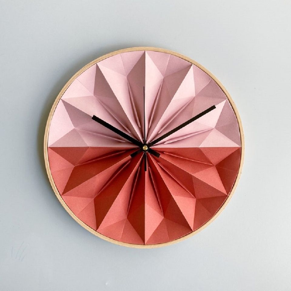 Wooden paper origami wall clock blush pink and rust red
