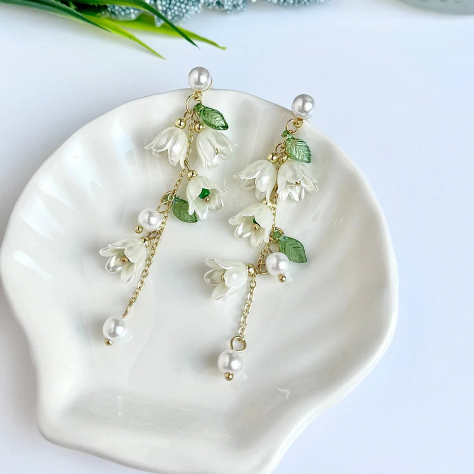 Summer Earrings, Lily of the Valley Earrings, White Fairy Flower Earrings, Long Tassel Earrings For Her