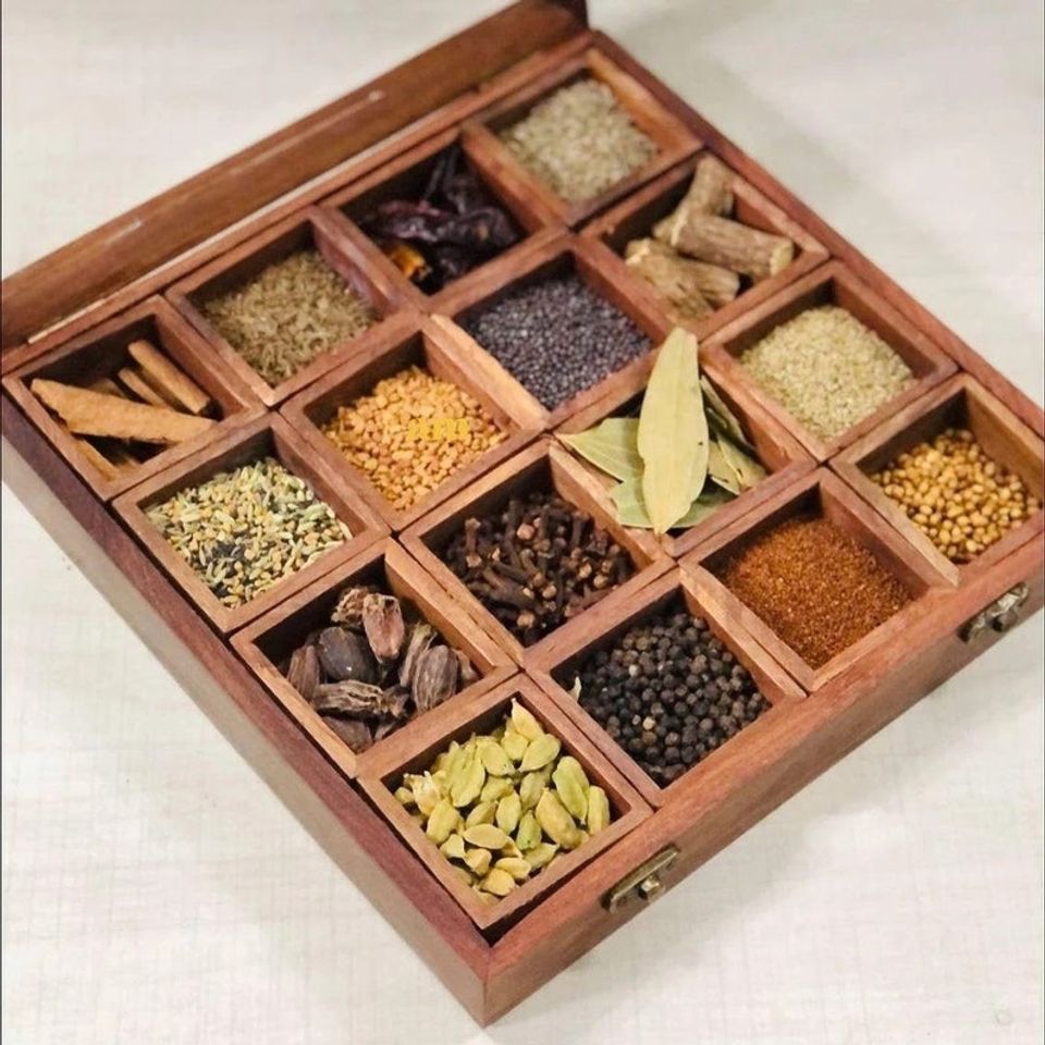 Wooden Handcrafted Spice Box/ Masala Dabba with 16 Square Compartments & Spoon