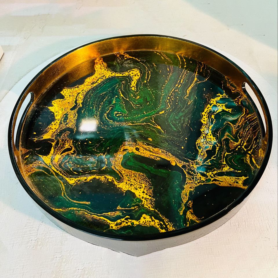 Round Green Gold Lacquer Tray, Serving Tray, Tea tray