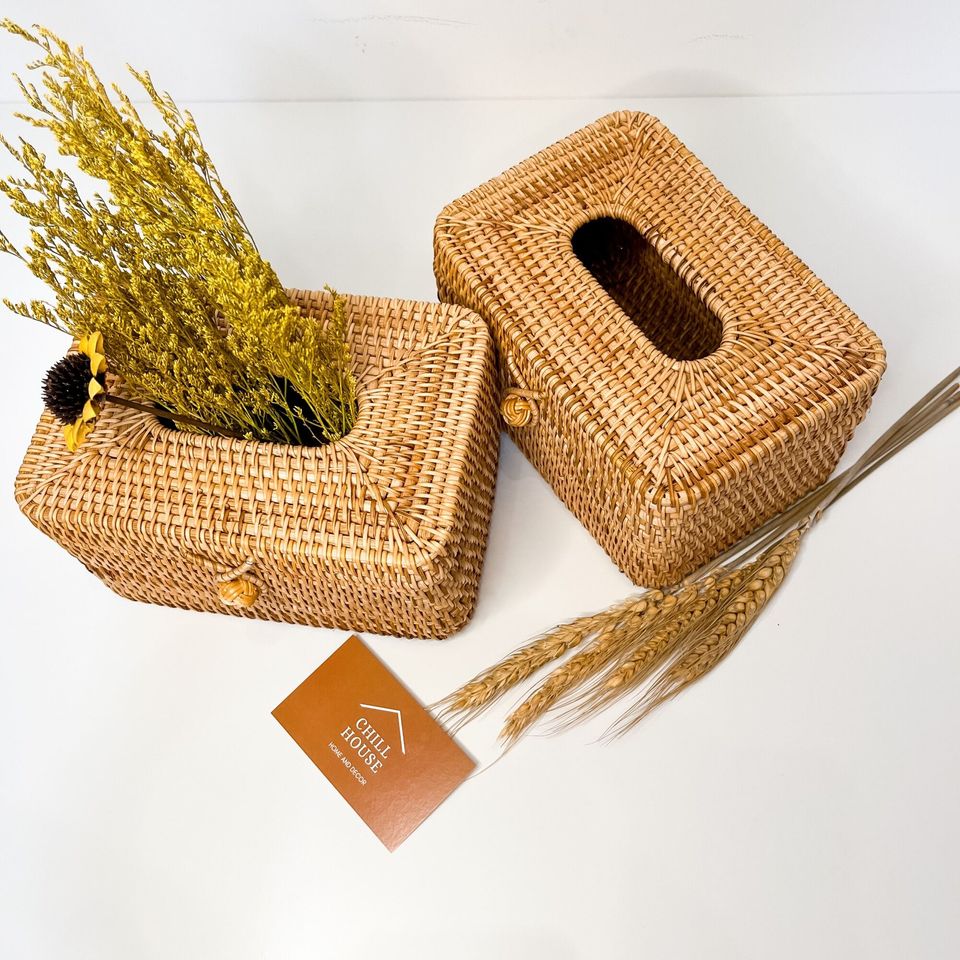 Handmade Rattan Woven Tissue Box, Rustic Woven Tissue Box