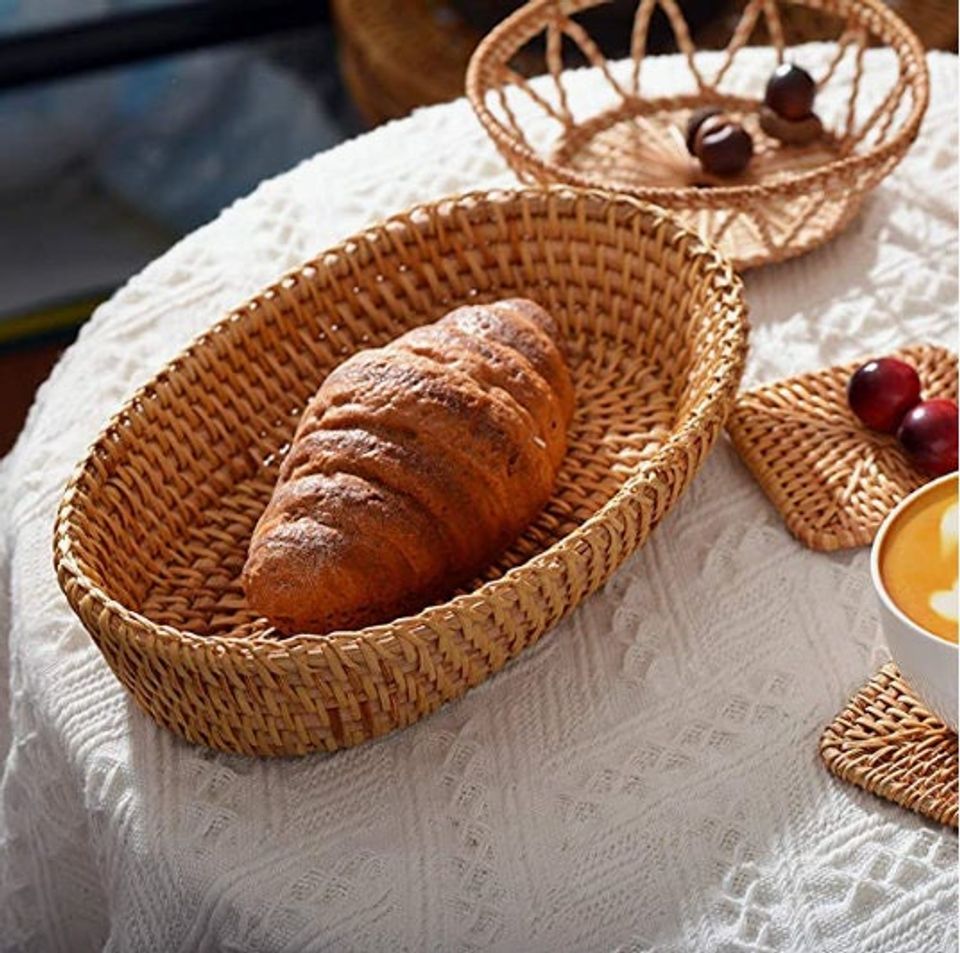 Set of 2 Rattan Oval Bread Basket, Rattan Woven Tabletop Food Serving Basket