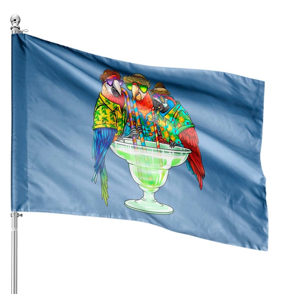 Parrots Drinking Margarita Hawaiian House Flags Vacation Birds House Flags