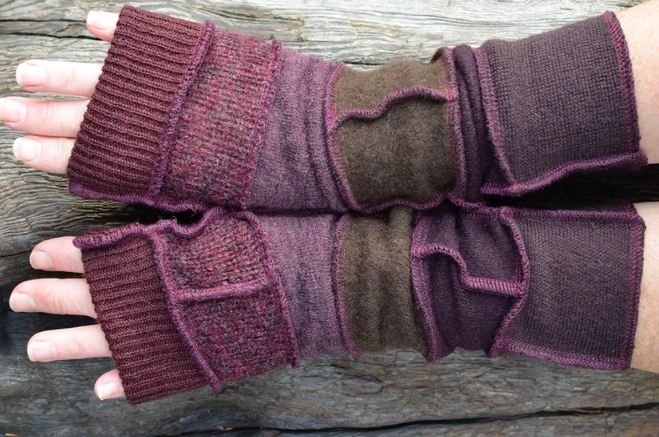 Wrist warmers, fingerless gloves, wool, burgundy, recycled sweater, women's gloves