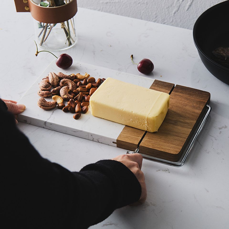 Marble and Teak Wood Cheese Cutting Board With Slicer