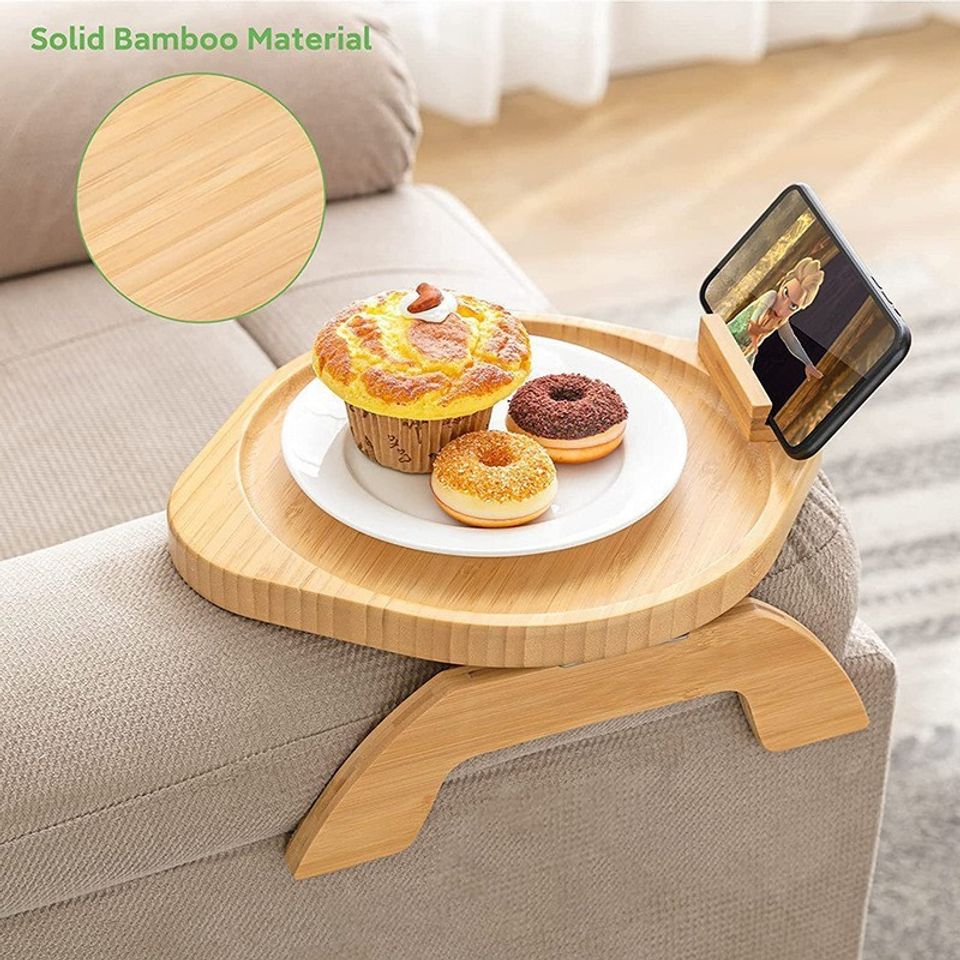Bamboo Sofa Tray Table Clip on Side Table Couch Arm with 360° Rotating
