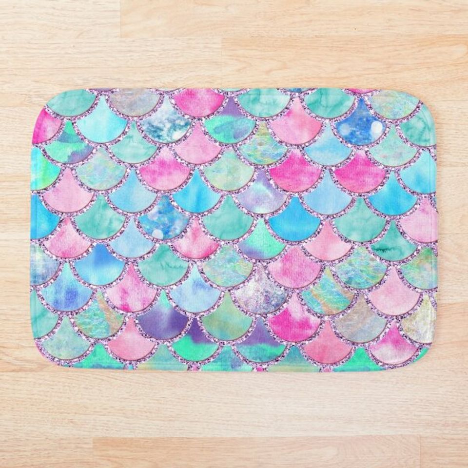Pink and Blue Watercolor Faux Glitter Mermaid Scales Bath Mat