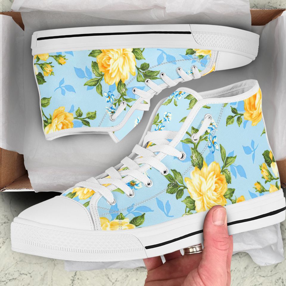 High Top Canvas Sneakers - White roses -Blue Sky -Sneakers