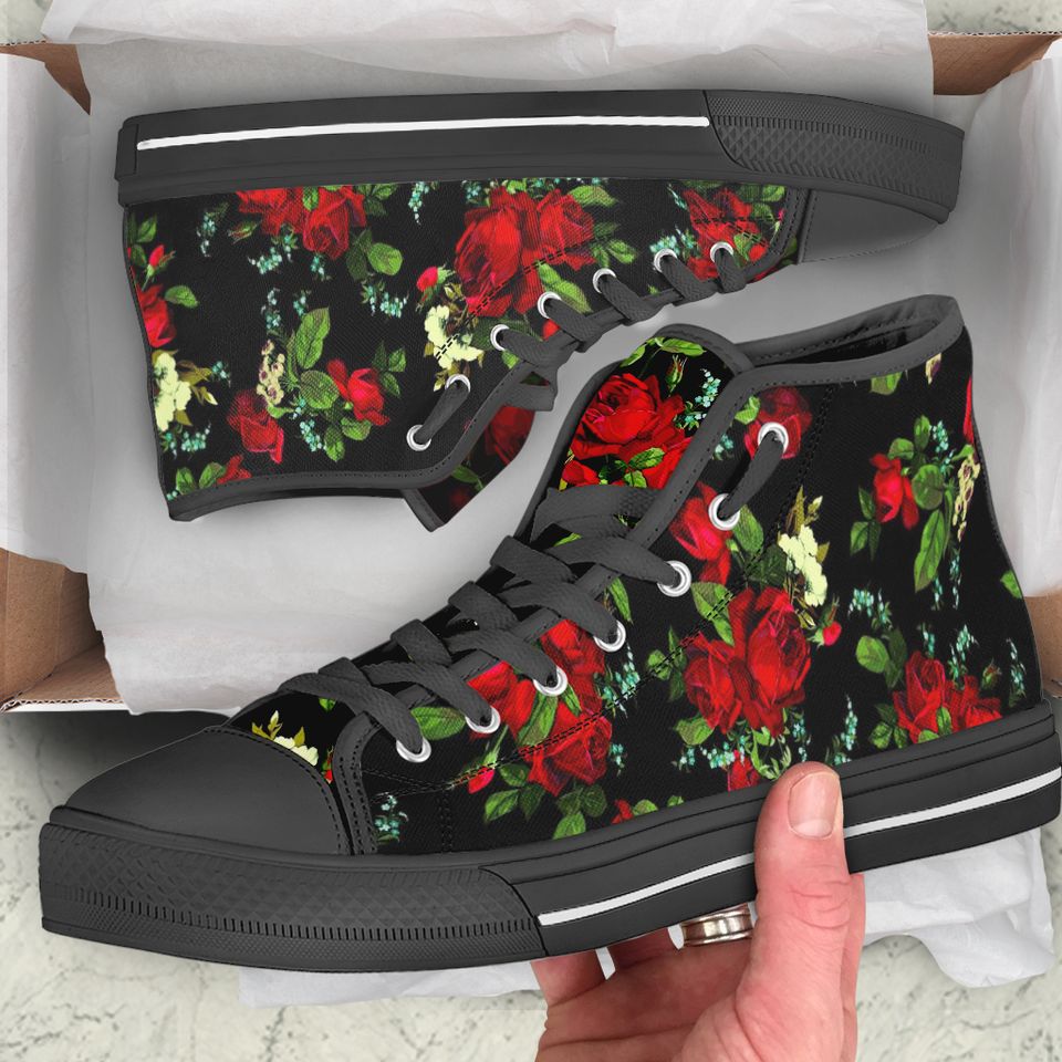 High Top Canvas Sneakers - Red Roses - Flowers-