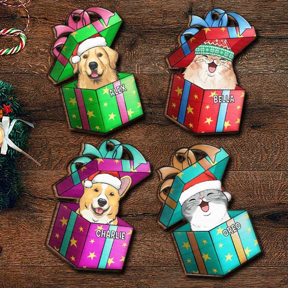 Christmas Gift Box - Dogs And Cats - Personalized Custom Gift Box Shaped Wood Christmas Ornament