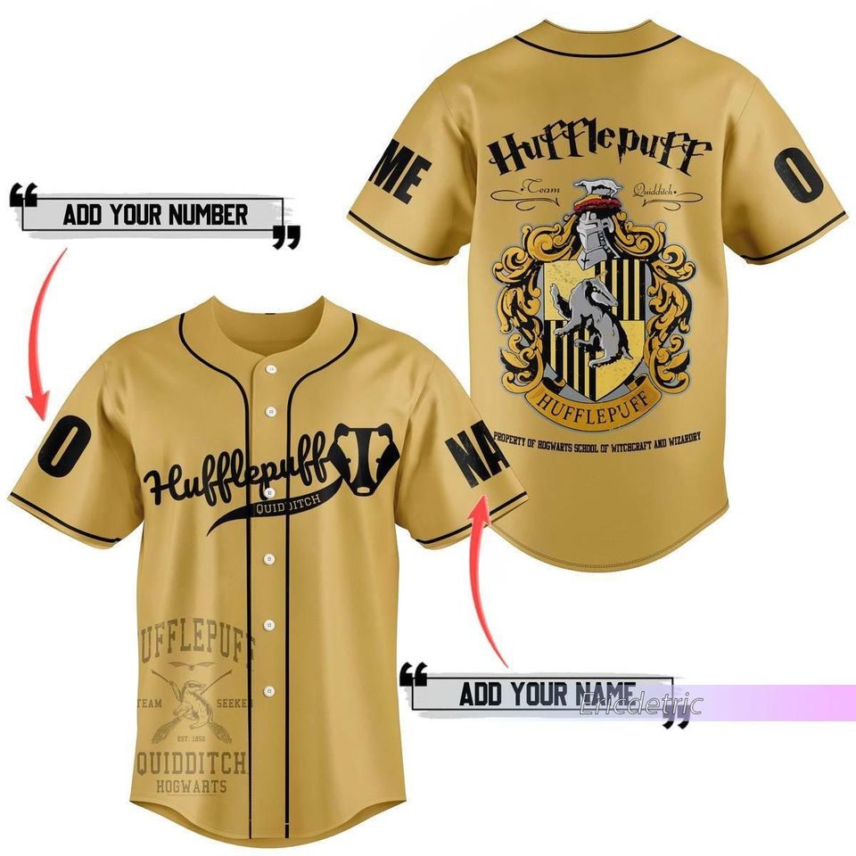 Custom Hufflepuff Baseball Jersey, Wizard House Varsity Collegiate Shirt