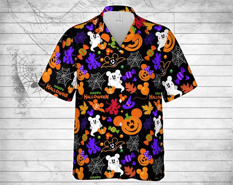 Disney Halloween Hawaiian Shirt,Disney Halloween Mickey Minnie Mouse Pumpkin Boo Ghost Bat