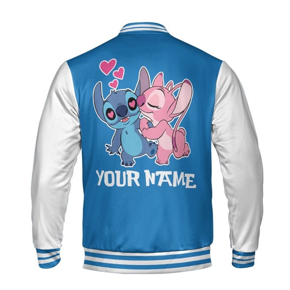 Custom Stitch and Angel Couple Blue Baseball Jacket, Disney Stitch Varsity Jacket