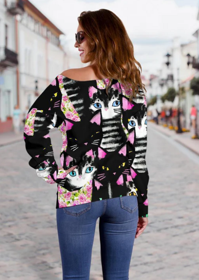 Cute Black Cat Pattern All-Over Print Oversized Women's Off-Shoulder Sweatshirt