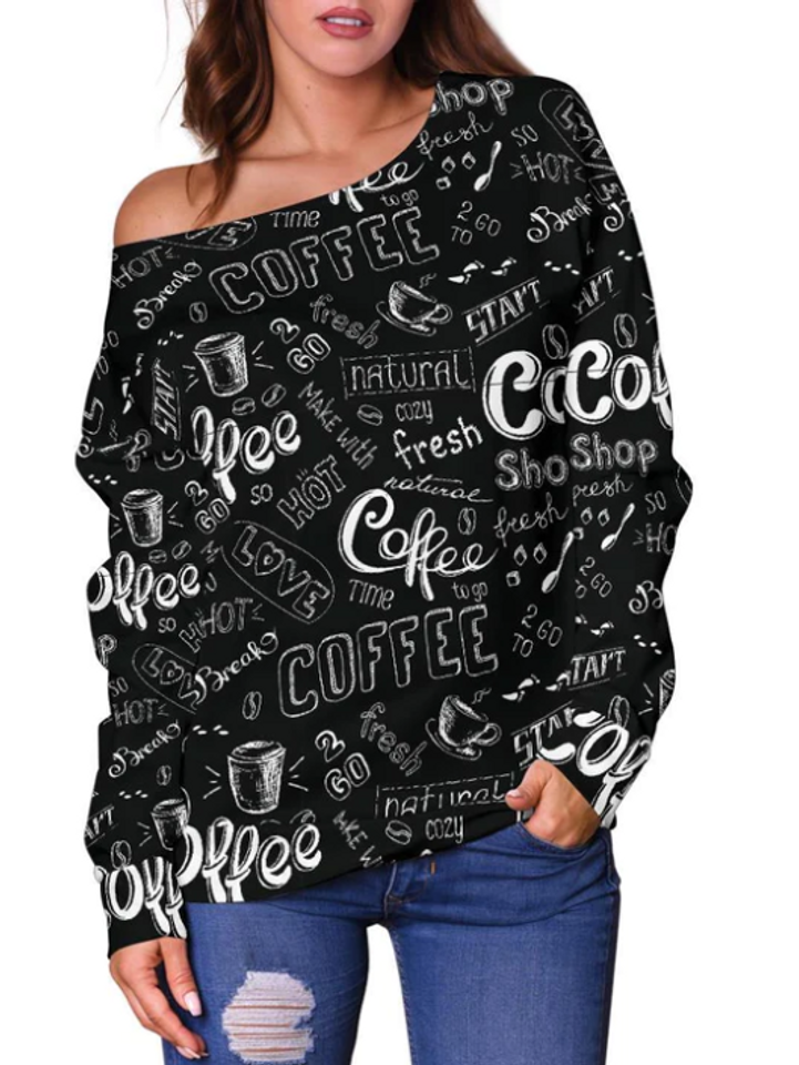 Coffee Black Pattern All-Over Print Oversized Women's Off-Shoulder Sweatshirt