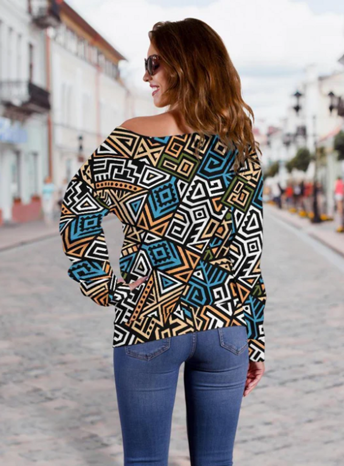 Ethnic Print Pattern All-Over Print Oversized Women's Off-Shoulder Sweatshirt
