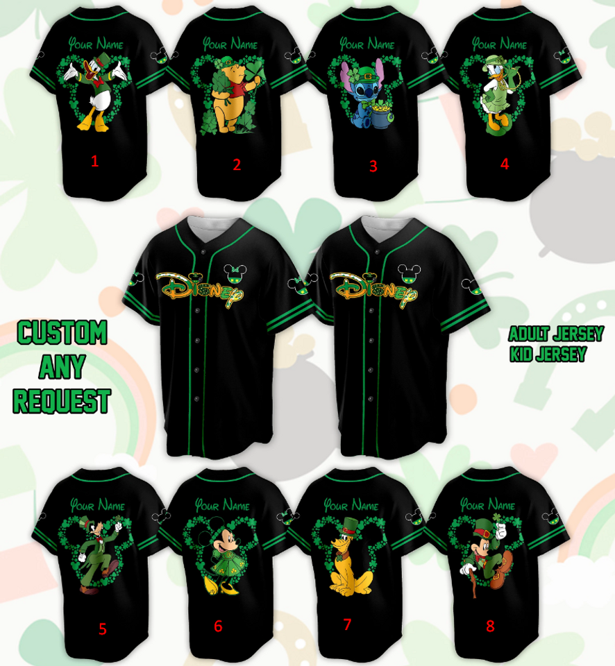 Custom Saint Patrick Day Disneyland Baseball Jersey, Mickey St Patrick Baseball Jersey