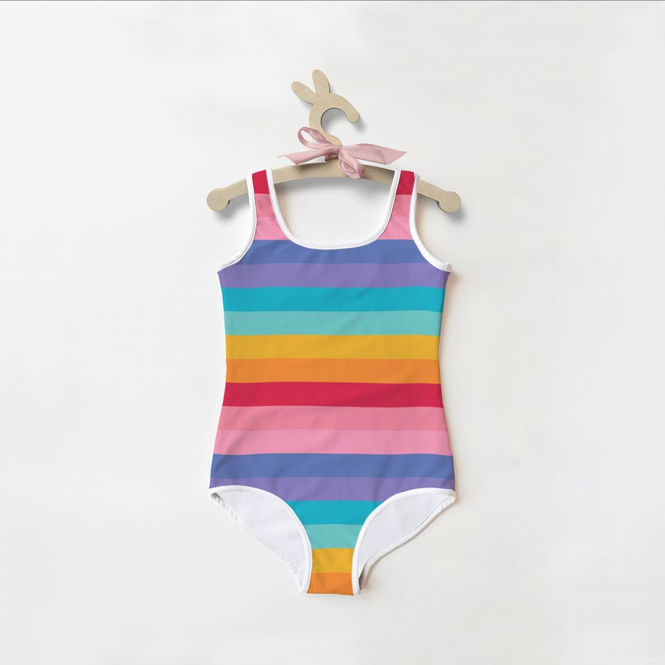 Girls Rainbow Stripes Swimsuit | Toddler Bathing Suit | Cute | Quick Drying