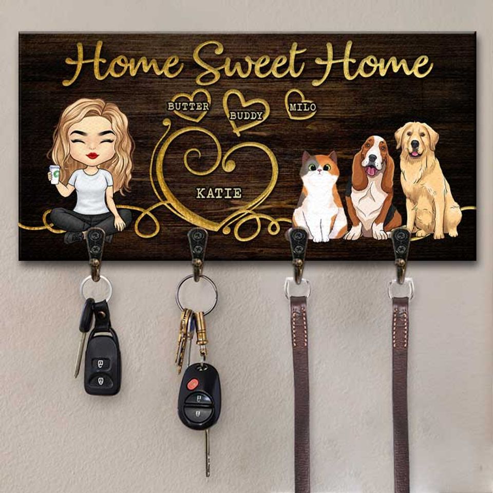 Home Sweet Home Single Parent With Kids & Pets - Personalized Custom Key Hanger, Key Holder