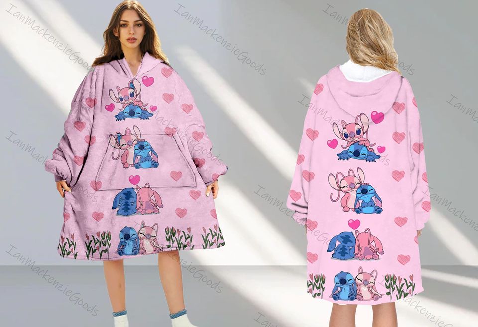Cute Stitch Hoodie Blanket, Lilo & Stitch Cartoon Winter Hoodie Blanket