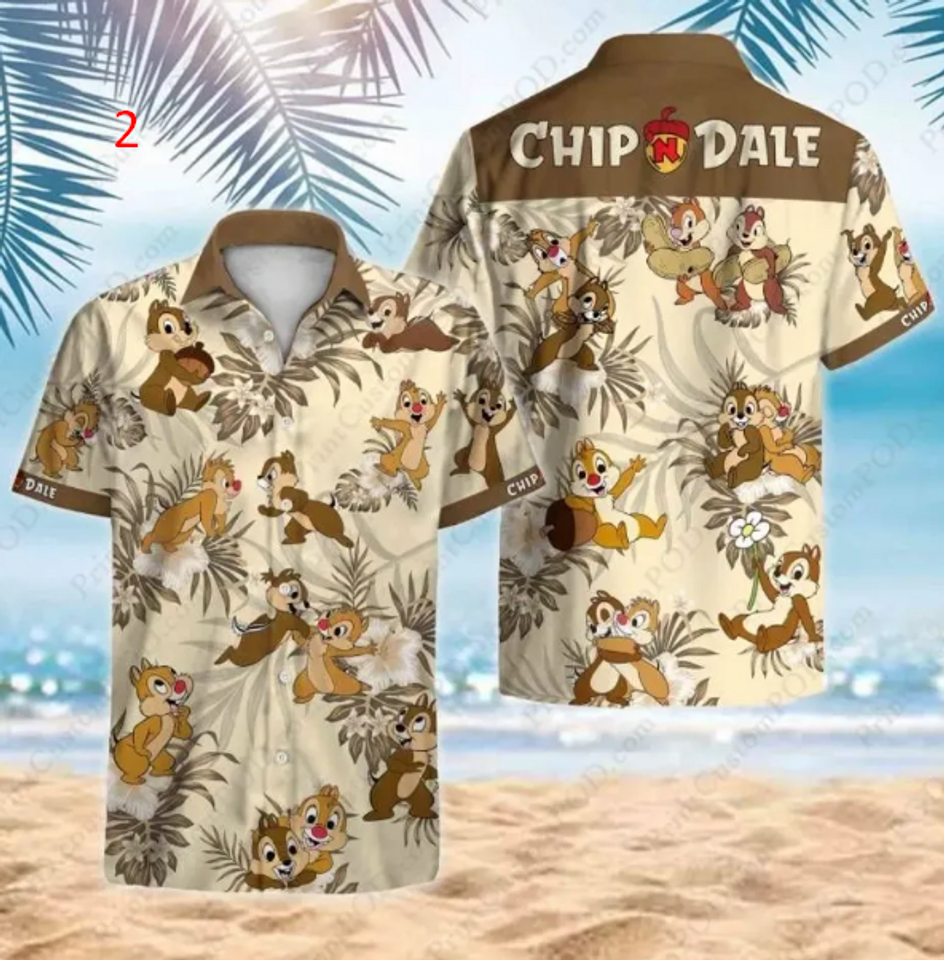 Disney Cartoon Chipmunks Chip Dale Brown Stripes Hawaiian Shirt