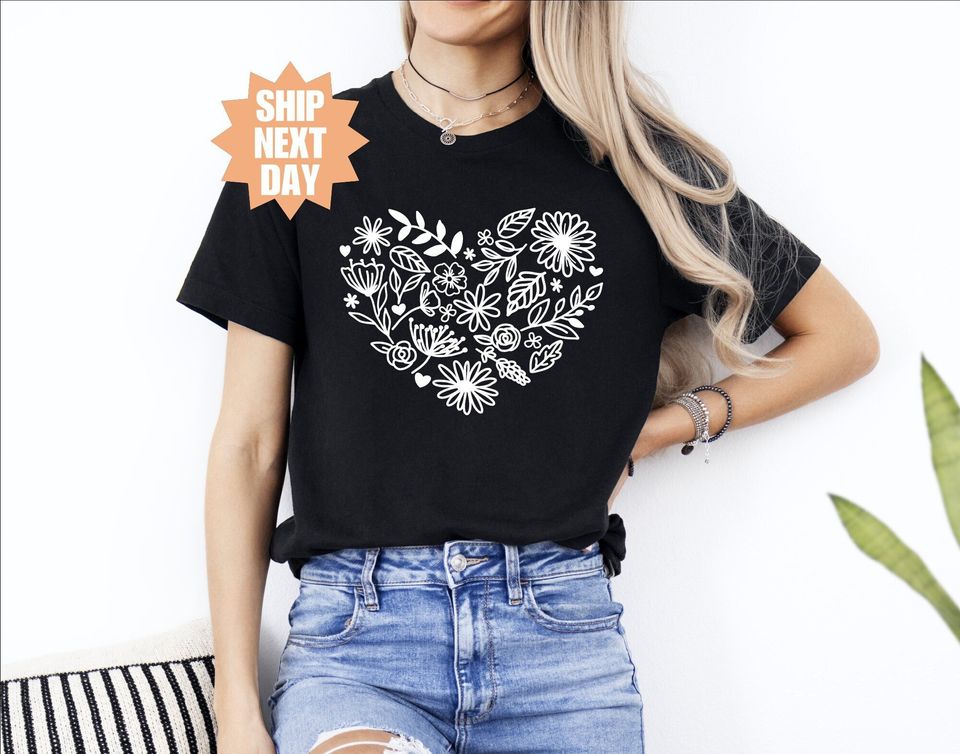 Floral T-Shirts For Women, Heart Design Floral T-Shirt