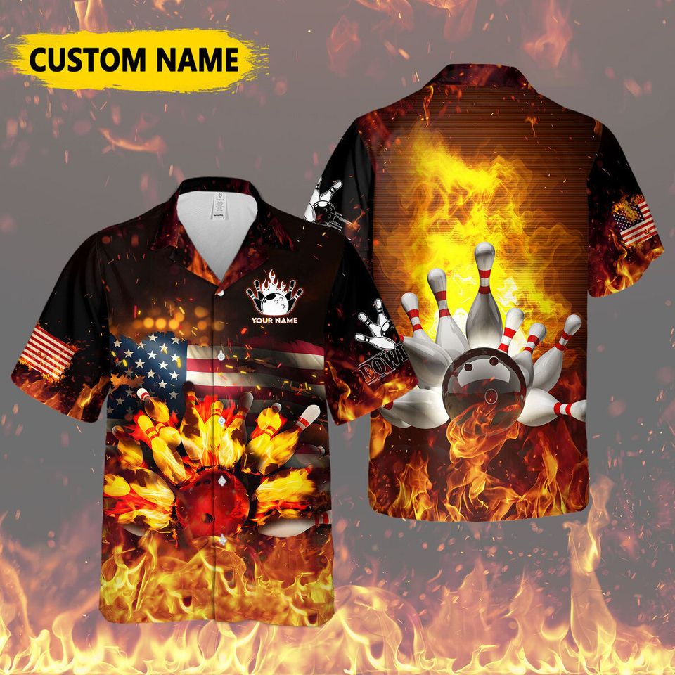 Custom Bowling Personalize Name USA Vintage Flame, Bowling Team Hawaiian Shirt