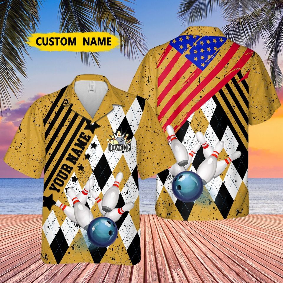 Custom Bowling Personalize Name USA Old Vintage, Bowling Team Hawaiian Shirt