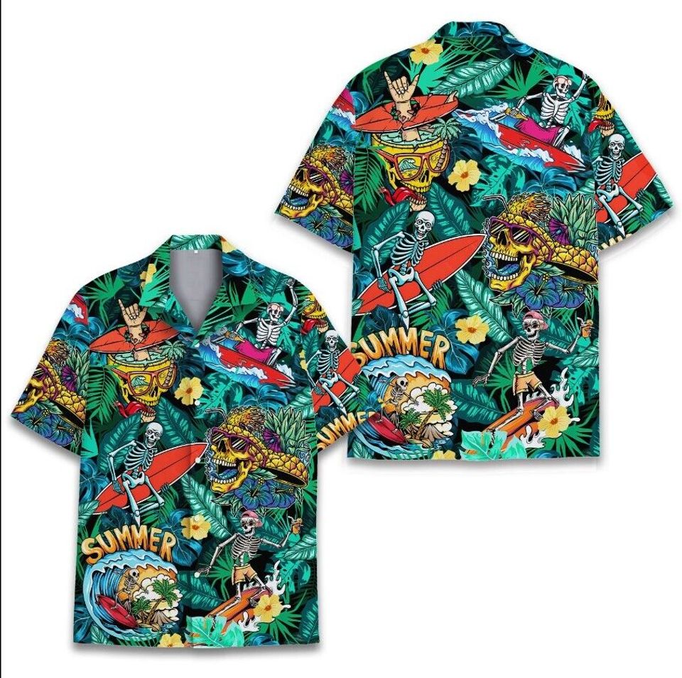 Skull Beach Hawaiian Shirt, Tropical Skeleton Surfing Summer Button Down Shirt