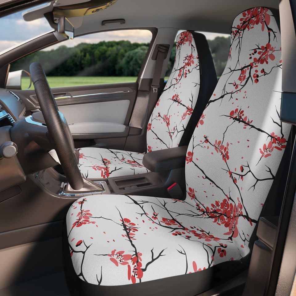 Two Red Cherry Blossom Branches on Car Seat Covers