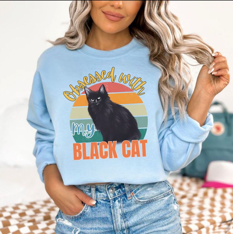 Trendy Black Cat Winter Sweatshirt, Cat Lover Sweater
