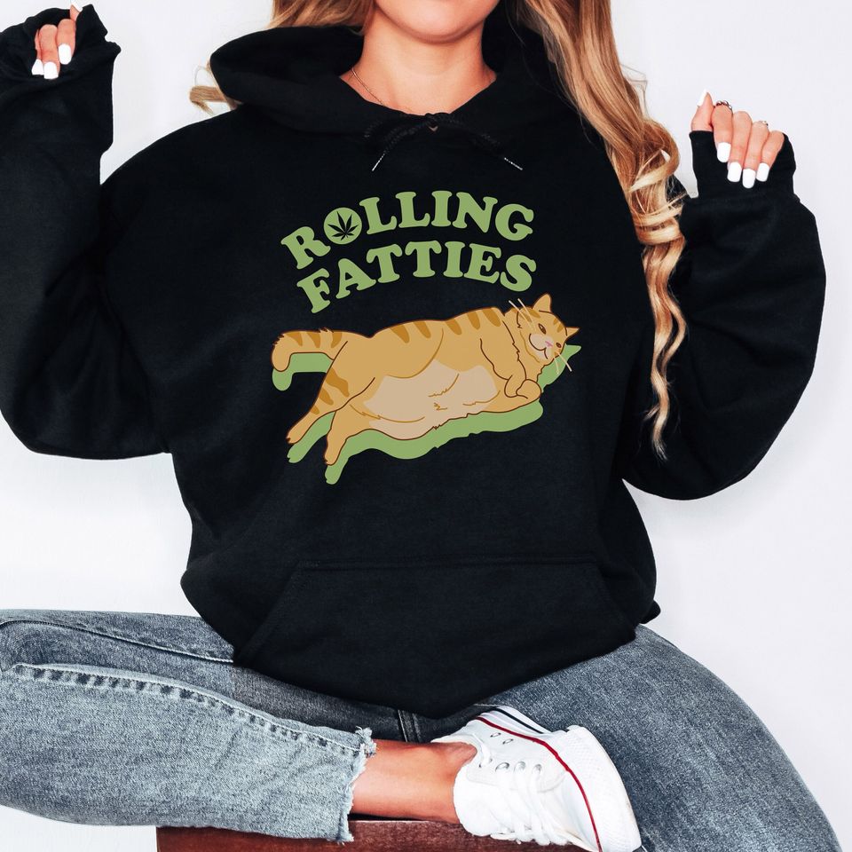 Rolling Fatties Hoodie , Cute Cat Lover Graphic Lounge Wear, Cat Mom Crazy Cat Lady Pullover Hooded